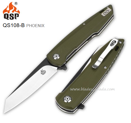 QSP Pheonix Flipper Folding Knife, D2 Black, G10 Green, QS108-B